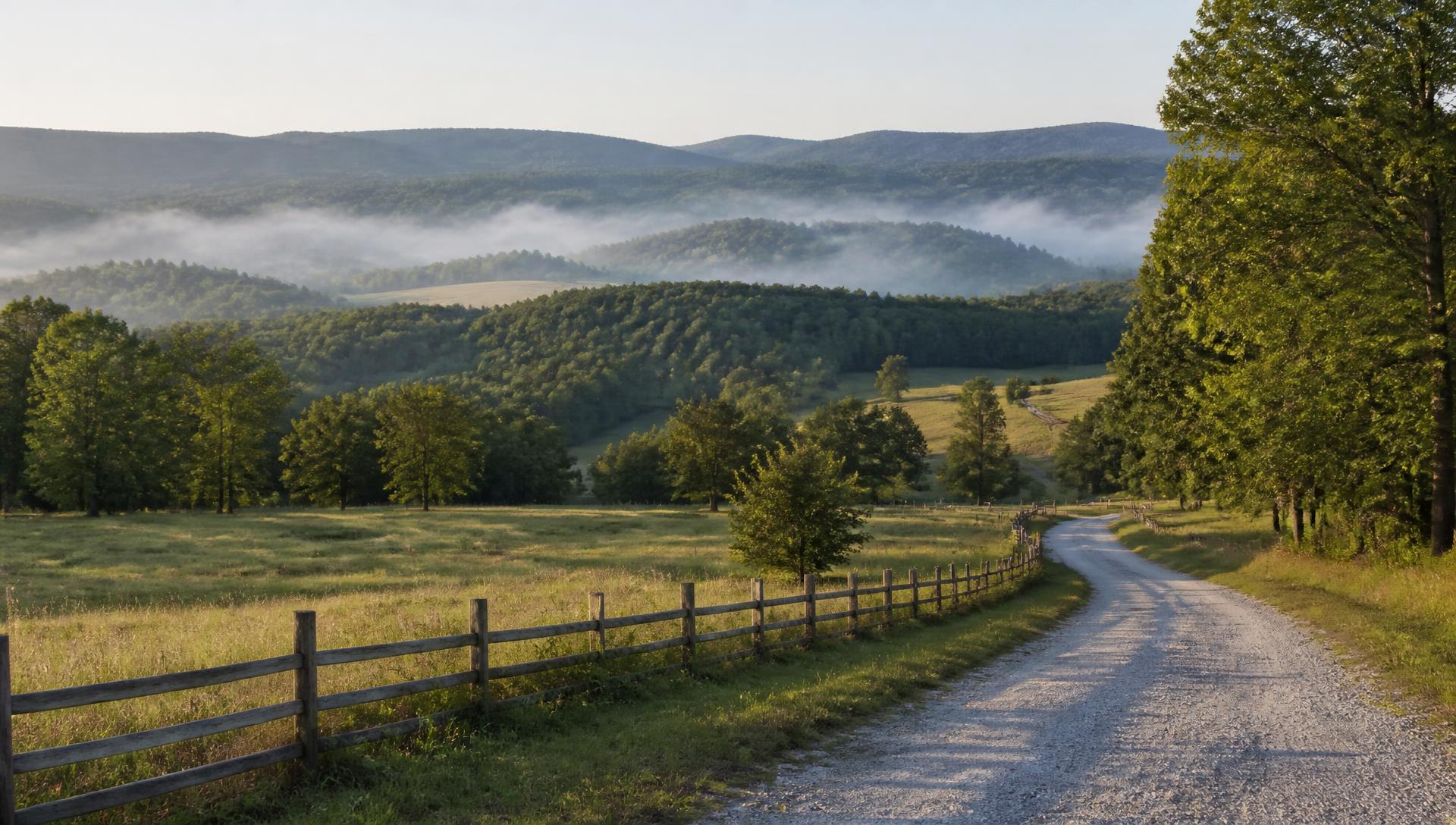 Rolling wooded Ozark hills with a gravel county road and pasture at sunrise