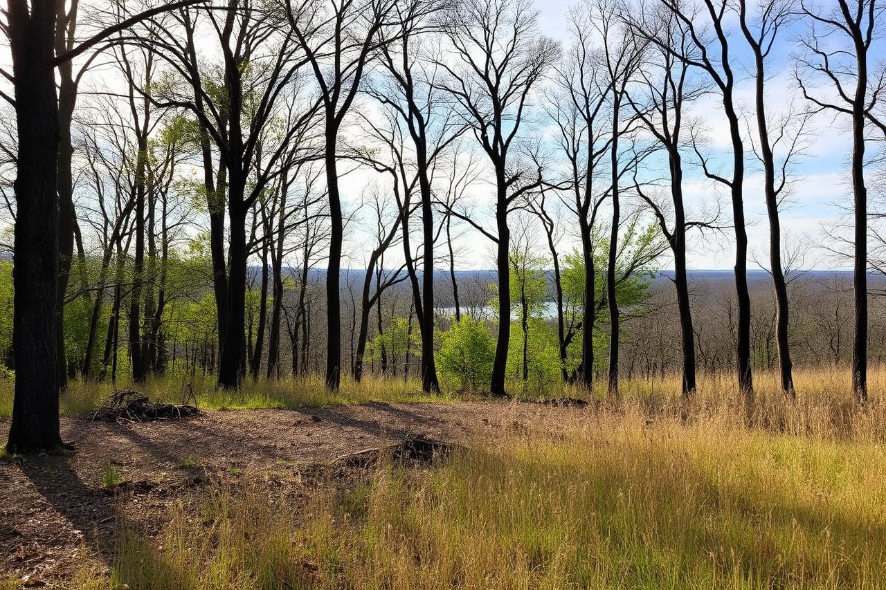 Vacant wooded acreage in the Missouri Ozarks with a clearing and a lake in the distance
